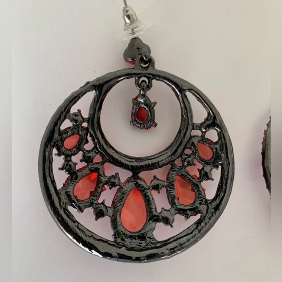 Vintage Red Jeweled Hoop Earrings Drop Rhinestones Stud Top Pierced Ears - Picture 13 of 15